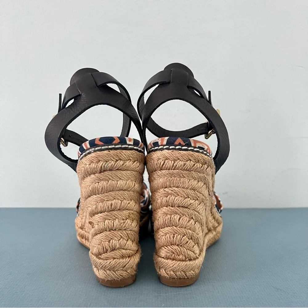Tory Burch Criss Cross Blue & Orange Canvas Espadrille Jute Wedge Sandals‎